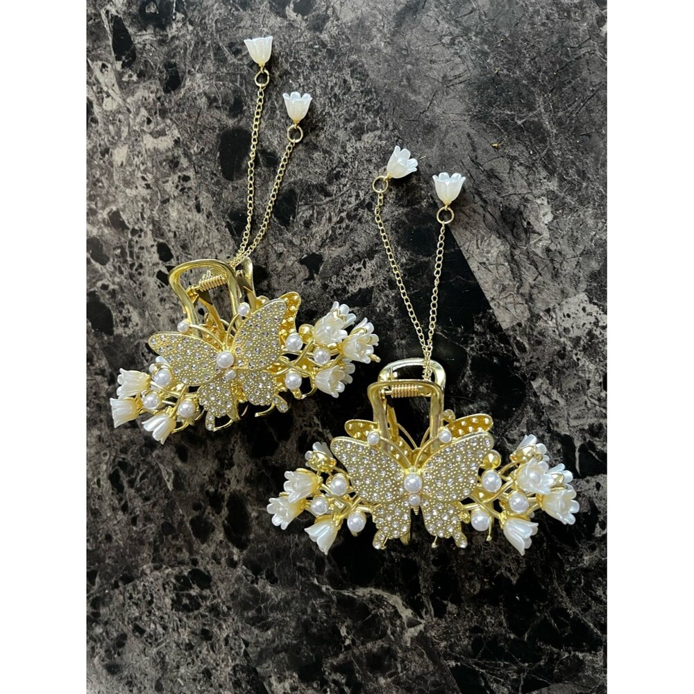 Gold Butterfly Pearl Floral Claw Hair Clips Party Dangle Chain Accents Set of 2
